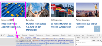 Screenshot einer Webseite. EIn Bild ist umrandet und ein Pfeil zeigt auf den Alternativtext in den Developer Tools.