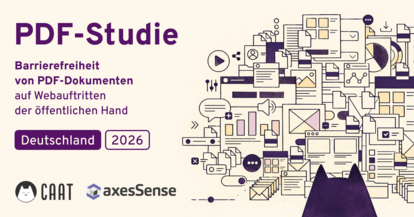 Grafik zur CAAT PDF-Studie mit unsere CAAT-Katze Kater Carlo, die auf jede Menge Dokumente schaut. Text: PDF-Studie, Barrierefreiheit von PDF-Dokumenten auf Webauftritten der öffentlichen Hand, Deutschland, 2026, CAAT, axesSense