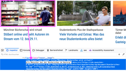 Screenshot einer Webseite. Ein Bild ist umrandet und ein Pfeil zeigt auf den Alternativtext in den Developer Tools.