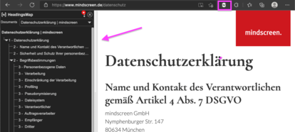 Screenshot von einer Webseite auf der HeadinsgMap angewendet wird. Oben recht ist das Icon markiert. Ein Pfeil zeigt auf die Überschriftenstruktur.